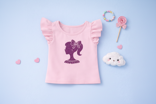 Children's pink top with ruffled sleeves and green shorts on a light blue background