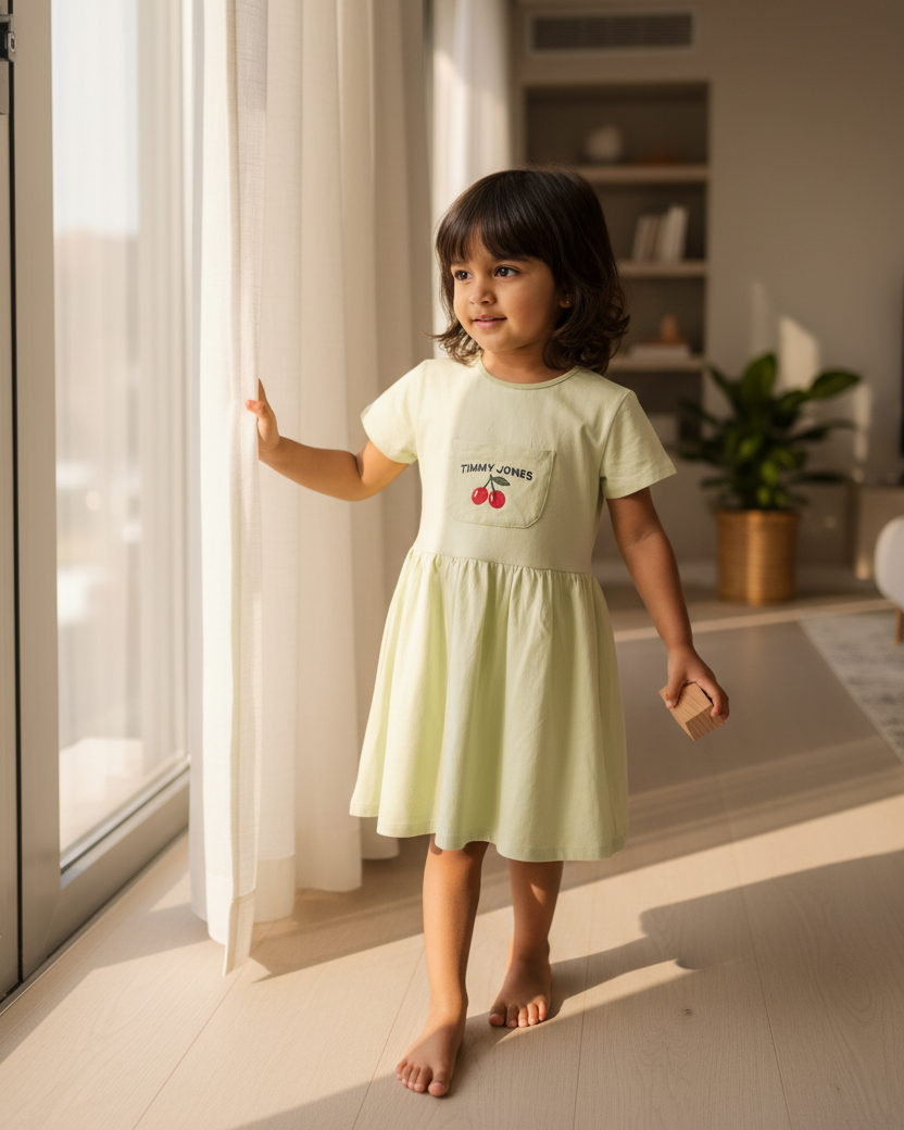 Child wearing a light green dress with a cherry design in a bright room.
