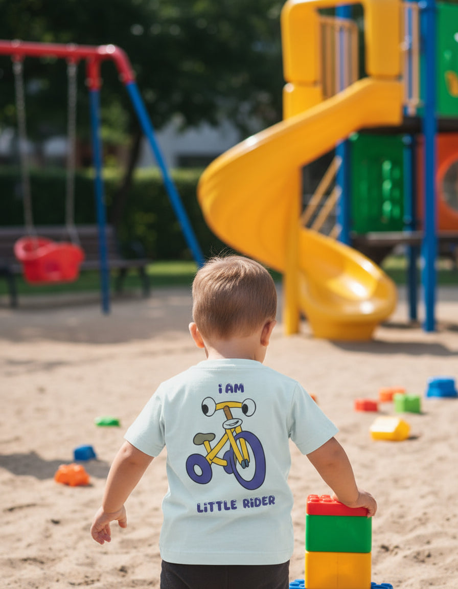 Children's t-shirt with a tricycle graphic and text on a light gray background